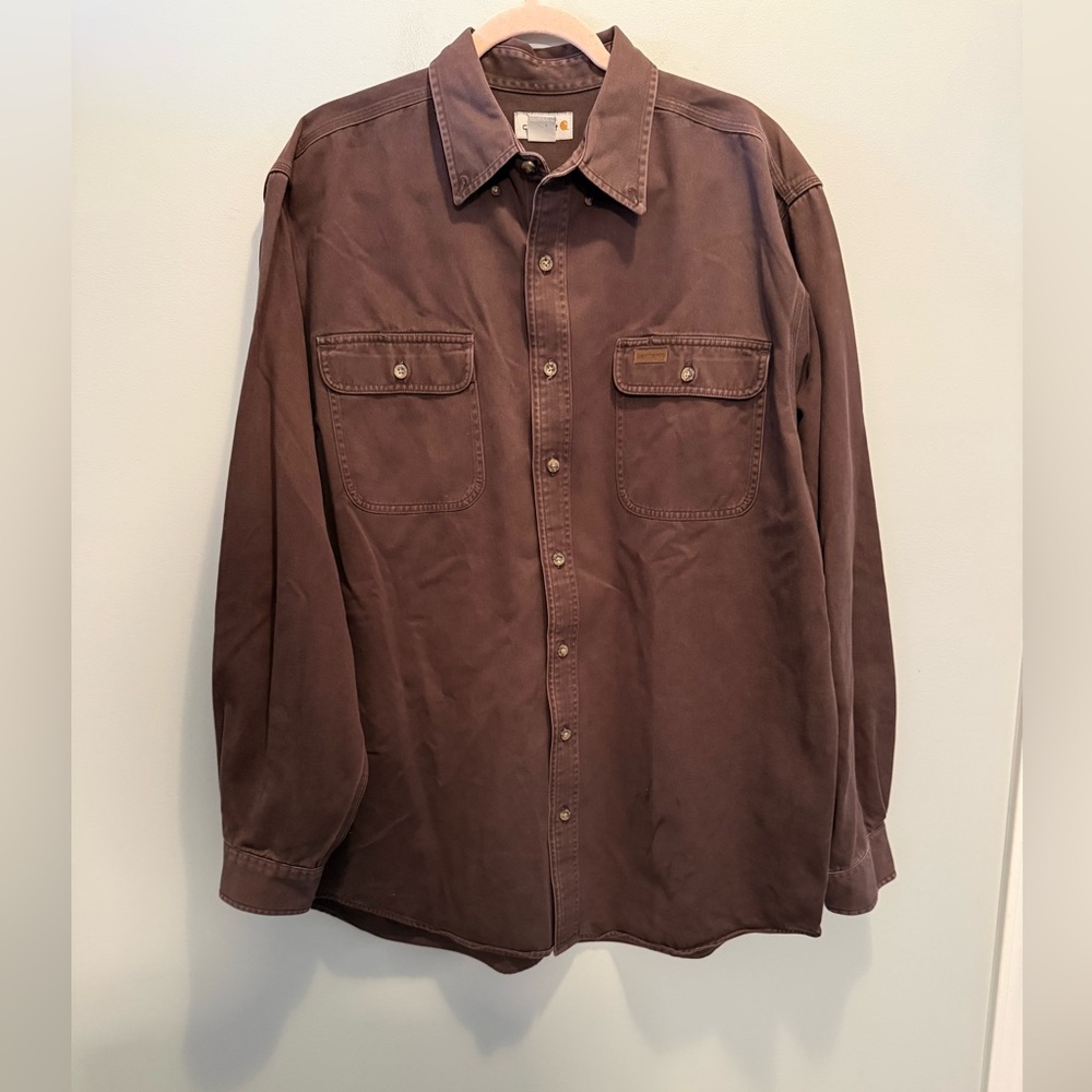 Carhartt Dark Brown 100% Cotton Button Down Shirt Large Tall